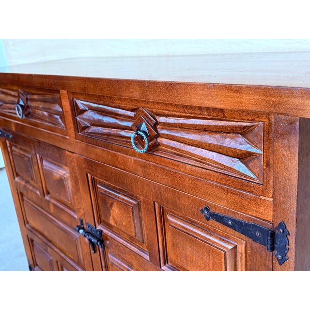 19th Spanish Baroque Carved Walnut Tuscan Three Drawers Credenza or Buffet For Sale - Image 11 of 18