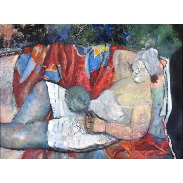 Abstract Vintage Modernist Painting of a Reclining Woman in Face Mask and Towel 20th C For Sale - Image 3 of 6