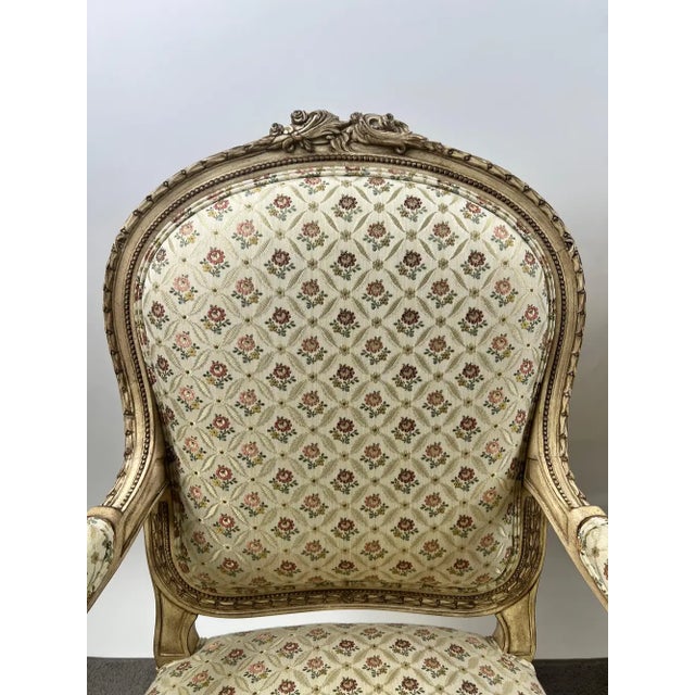 French Louis XV Style Bergère Armchair, Painted Frame, Floral Embroidery, a Pair For Sale - Image 12 of 15