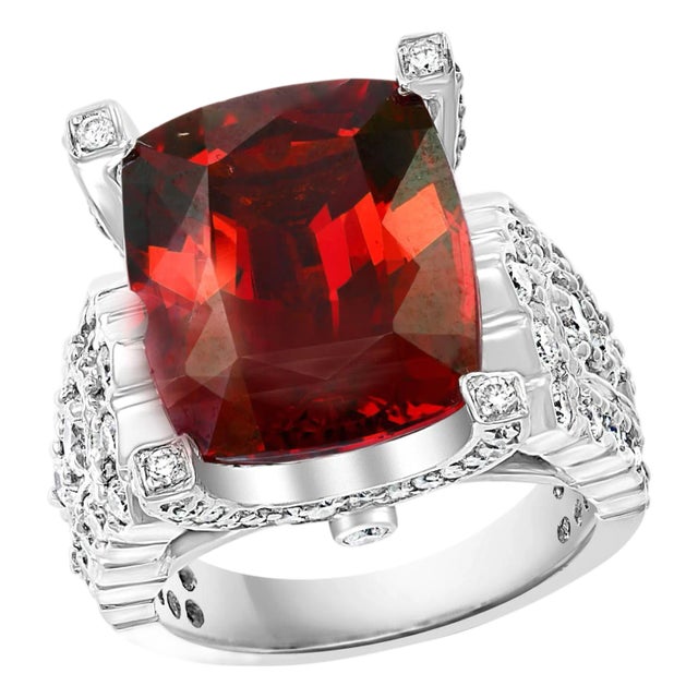 14.5 Carat Cushion Shape Rhodolite Garnet and 2 Carat Diamond Ring 18 Karat Gold For Sale