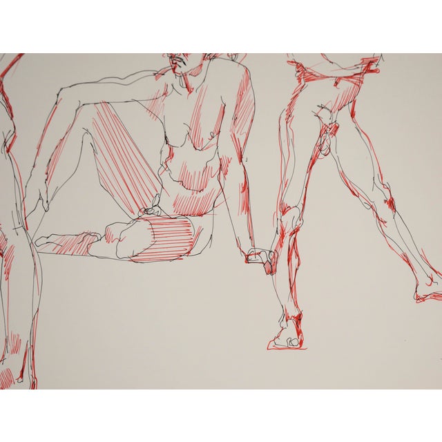 Red Three Poses - Original Male Nude Figurative Drawing on Paper For Sale - Image 8 of 8