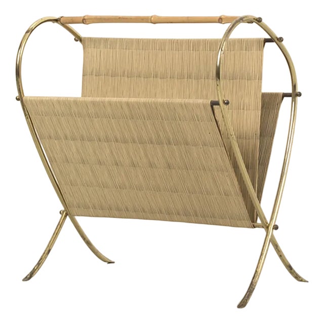 Vintage Magazine Holder in Brass and Bamboo For Sale