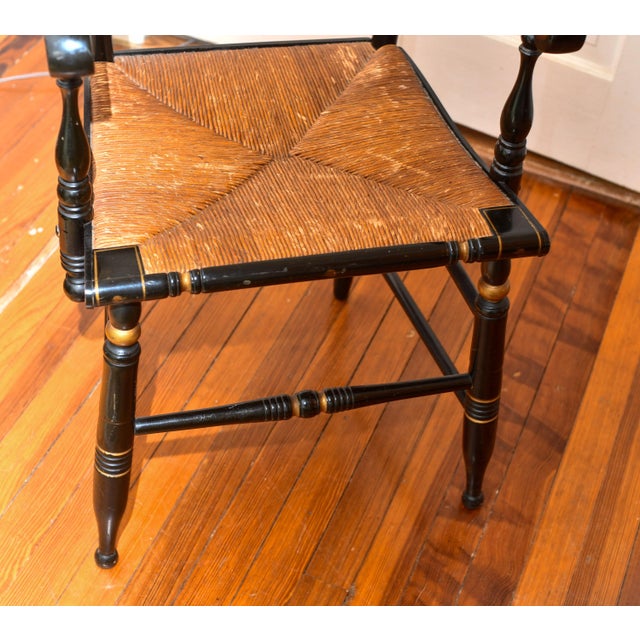 American Vintage Hitchcock Black Painted Armchair With Rush Seat For Sale - Image 3 of 8
