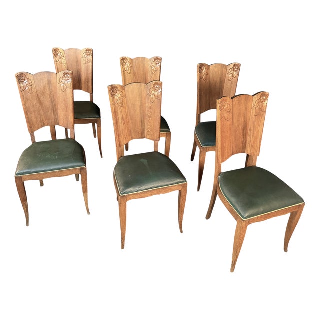 Art Nouveau Dining Chairs in Oak with Carved Rose Motifs, 1920, Set of 6 For Sale