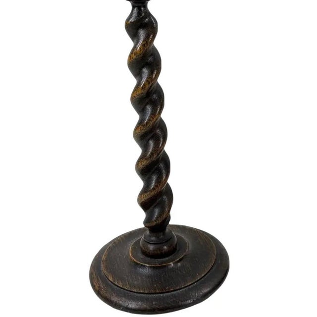 12.5” Antique English Oak Barley Twist Candlesticks With Brass Inserts - Pair For Sale - Image 4 of 14