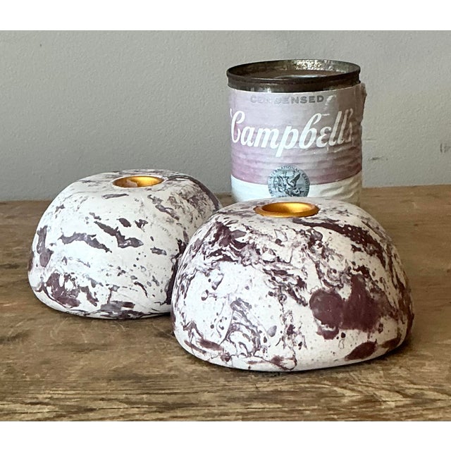 Vintage Boho Artisan Pigmented Plaster Scagliola Low Dome Candlestick Holders - Set of 2 For Sale - Image 4 of 9