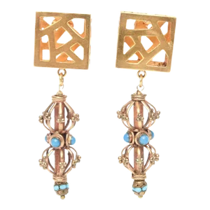 Vintage Sculptural Varga Signed Cage and Square Dangle Clip on Earrings - 2 Pieces