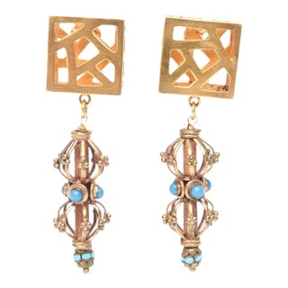 Vintage Signed Varga Sculptural Cage and Square Dangle Clip on Earrings, 1980's For Sale