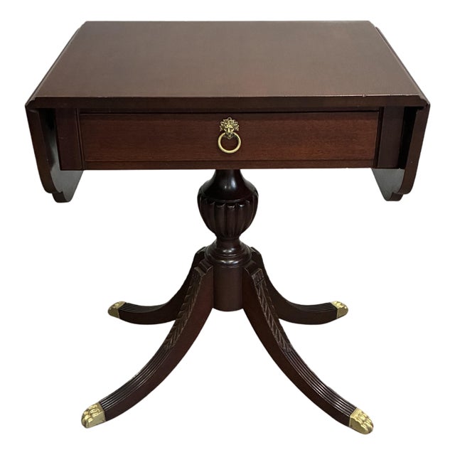 Antique English Regency Style Mahogany Drop Leaf Pedestal Side Table With Drawer For Sale