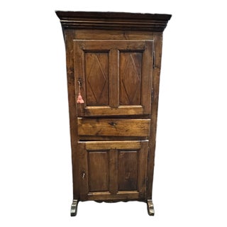 Antique French Country Knotty Pine Bonnetière Armoire With Diamond Carvings, Late 18th Century For Sale