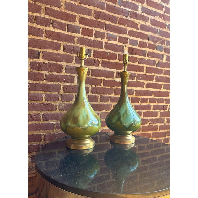 Forest Green Pair of Mid Century Drip Glaze Pottery Lamps For Sale - Image 8 of 10