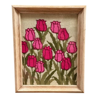 Vintage Framed Needlepoint Art of Pink Tulips For Sale