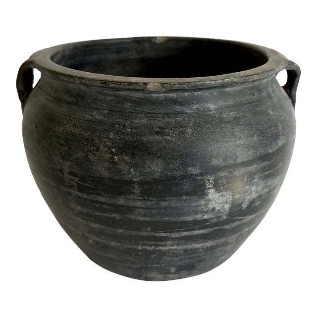 Rustic Black Gray Pottery Vase For Sale