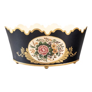 Vintage Italian Black and Gilt Tole Floral Jardiniere Cachepot For Sale