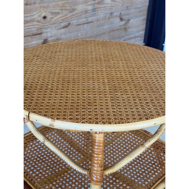 Contemporary Vintage Coastal Rattan & Cane Two-Tier Side Table For Sale - Image 3 of 12