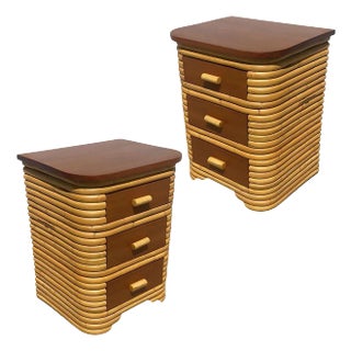 1930s Restored Streamline Art Deco Stacked Rattan Bedside Table W/ Mahogany Top, Pair For Sale