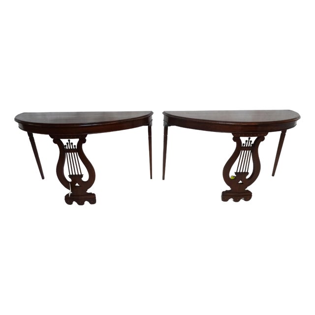 Mid 20th Century Pair of Demilune Consoles With Harp / Lyre Detail For Sale