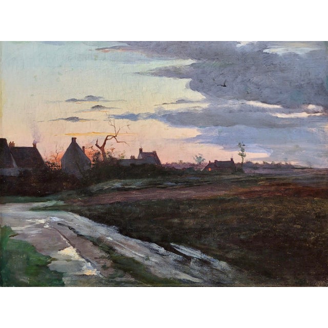 French 19th Century French School-Silhouette of a Creepy Village at Dusk-Oil Painting For Sale - Image 3 of 10