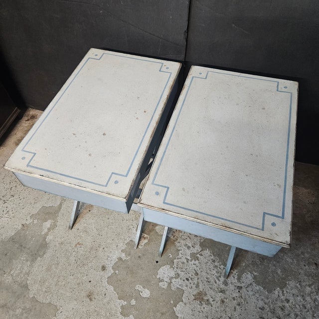 Mid 20th Century Pair of Blue Painted Single Drawer X Frame Side Tables With Blue Accent Line on Top For Sale - Image 4 of 15