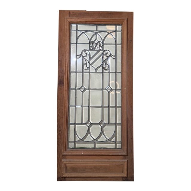 Antique Restoration Coat of Arms Motif Leaded Glass Door For Sale