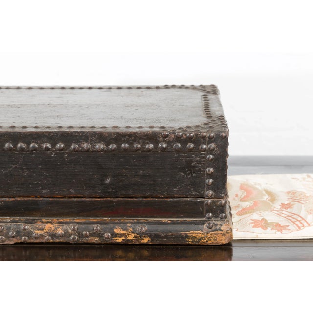 Indian 19th Century Black Box with Iron Nailheads, Braces and Rustic Patina For Sale - Image 9 of 13