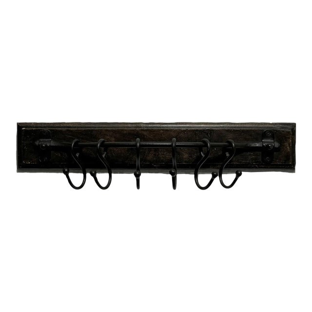 Antique Carved Hardwood & Forged Iron Wall Hook Assembly (Coat and Hat Rack) For Sale