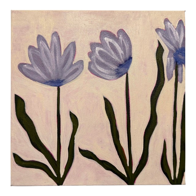 Modern Abstract Floral Folk Art Acrylic Painting on Canvas, Signed, Dated For Sale