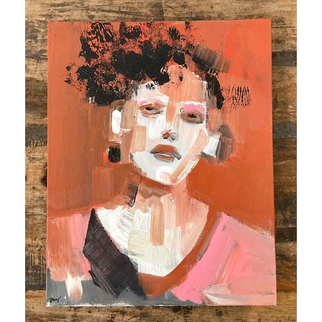 This original abstract expressionist portrait is a compelling study of form and color, showcasing a bold and sophisticated...