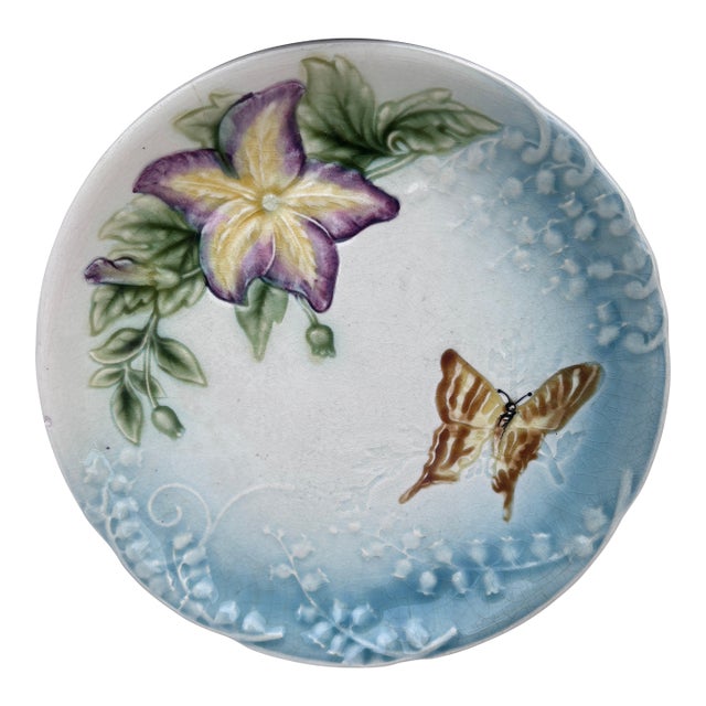 Majolica Plate Flower & Butterfly Choisy Le Roi, Circa 1880 For Sale