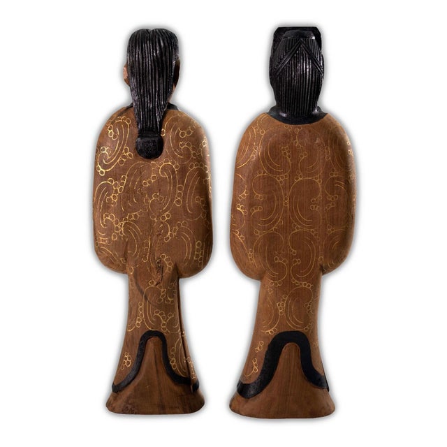 Pair of Vintage Chinese Wood Hand Painted Lacquer Figurine Sculptures Shanghai For Sale - Image 9 of 14