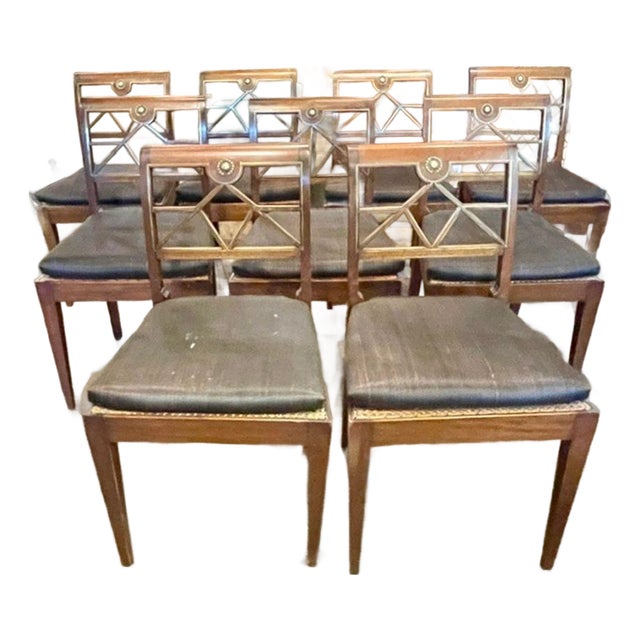Set of Northern European Walnut and Brass Dining Chairs For Sale