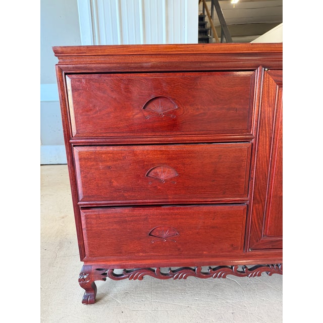 Chinese Vintage Chinese Carved Rosewood Dresser With Freestanding Floor Mirror – 2 Pieces For Sale - Image 3 of 18