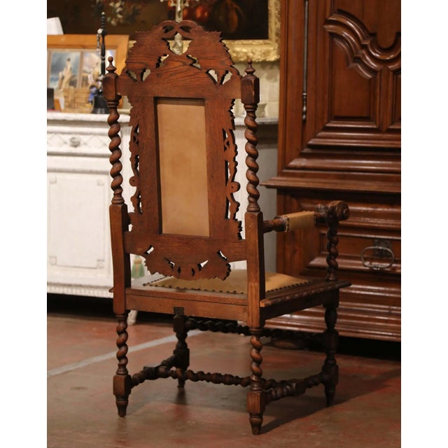 19th Century Louis XIII Style Carved Oak and Leather Armchair by Karpen For Sale - Image 10 of 12