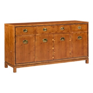 Hickory Manufacturing Mid Century Walnut and Brass Campaign Credenza For Sale