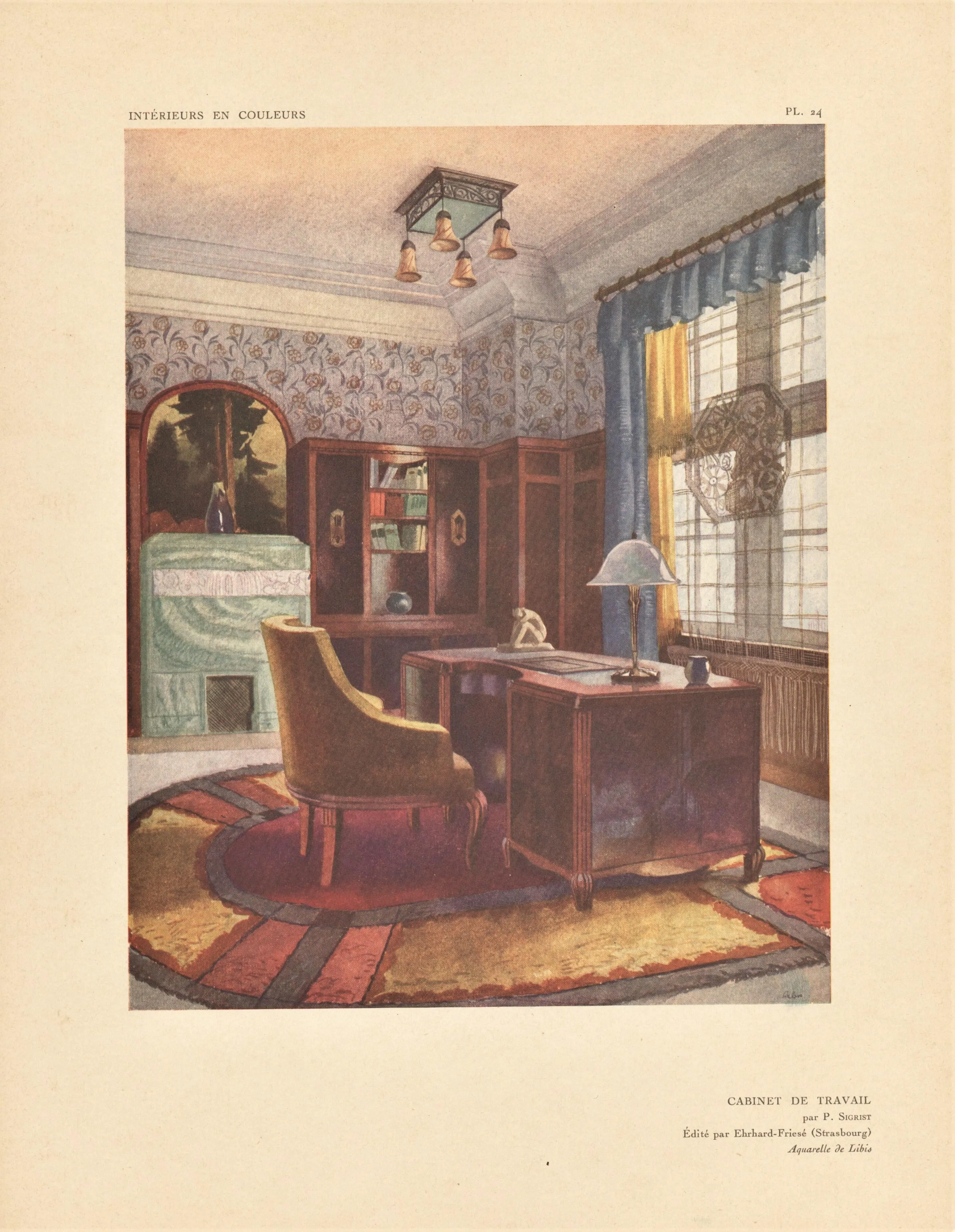 Art Deco Interior Design Lithograph-Home Office | Chairish