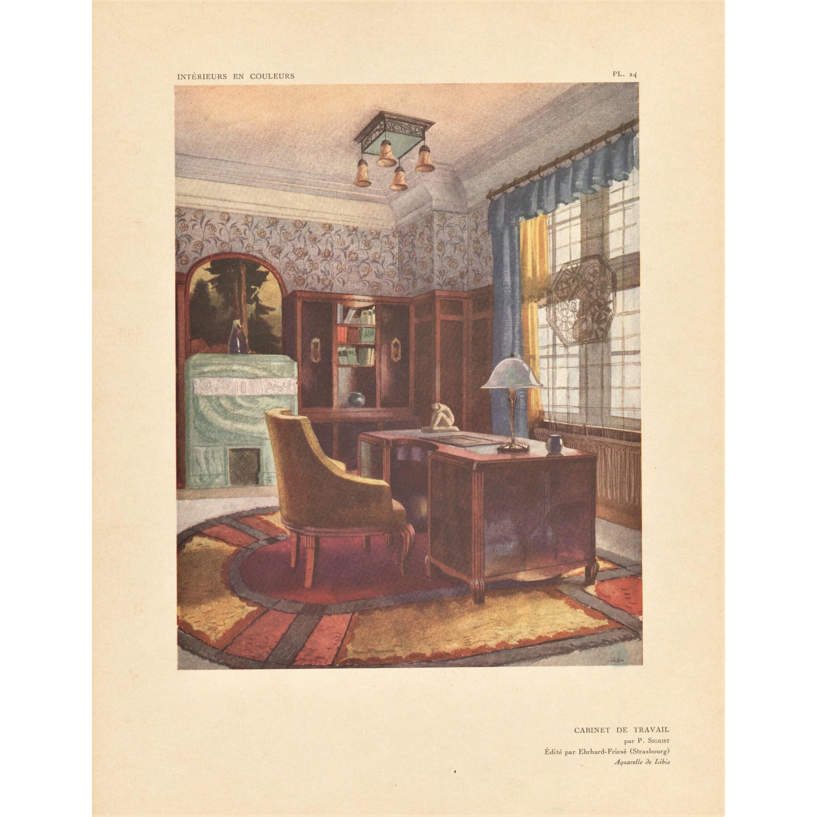 Art Deco Interior Design Lithograph-Home Office | Chairish
