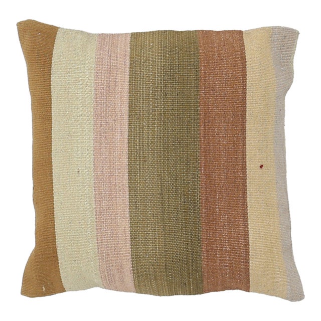 Arteverk Handwoven Reversible Wool Kilim Pillow — Green & Pink Stripe For Sale