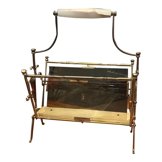 1960s Mid-Century Modern Brass, Smoked Glass & Onyx Magazine Rack in the Manner of Maison Bagues. For Sale