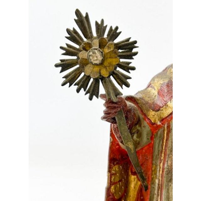 Spanish Antique Spanish Colonial Polychrome Carved Wood Bishop Saint Bulto With Glass Eyes, Circa 1800 For Sale - Image 3 of 10