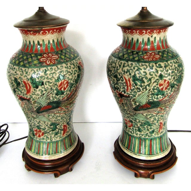 Antique Chinese Ming Dynasty Famille Verte Phoenix Vase Table Lamps - a Pair The brass lids of each vase could use...