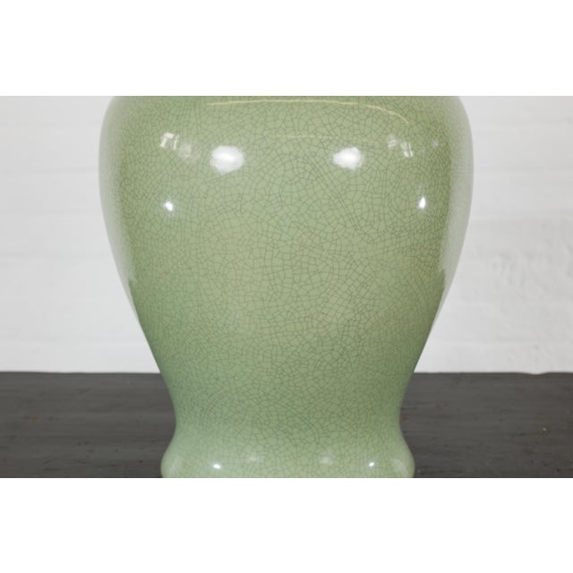 Crackle Green Celadon Lidded Vase with Stylized Foo Dog Finial For Sale In New York - Image 6 of 12