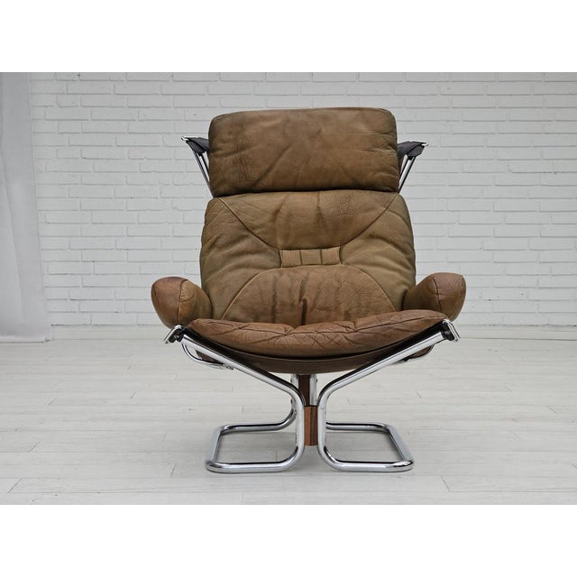 1970s Norwegian Armchair in Leather, Chrome Steel, Teak Wood & Canvas by Harald Relling for Westnofa, 1970s For Sale - Image 5 of 18
