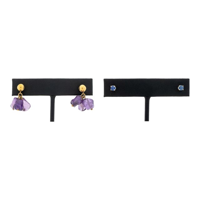 14K Gold Amethyst Drops and Blue Spinel Studs Set, first pair designed to be worn through pierced earlobes with posts and...