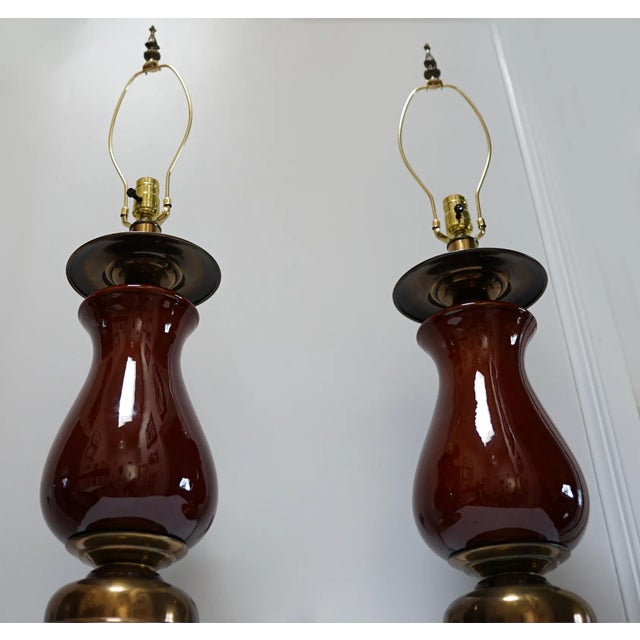 Pair of 21st Century Brass and Ceramic Burgundy Baluster Lamps For Sale - Image 10 of 10