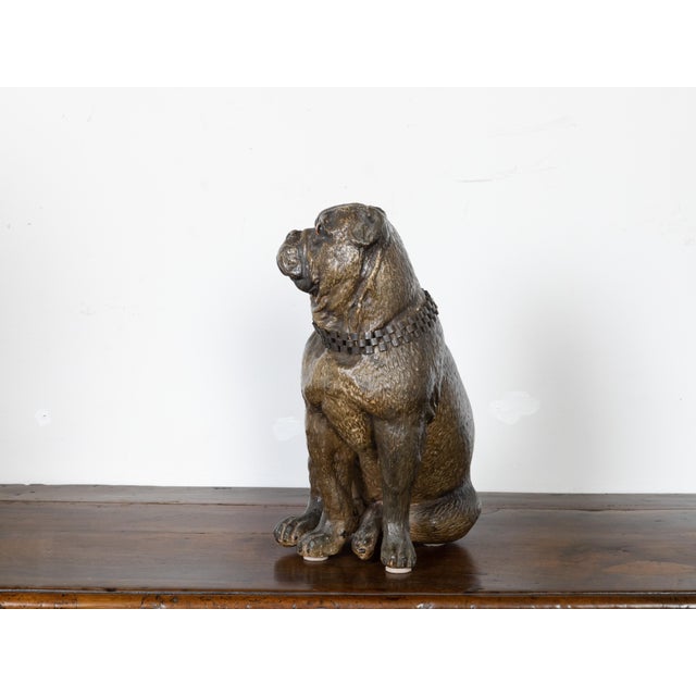 English 19th Century Terracotta Bulldog Statue with Silver Collar and Glass Eyes For Sale - Image 10 of 11