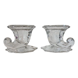 Vintage 1930s Heisey Glass Co Cornucopia Glass Candleholders, Pair For Sale