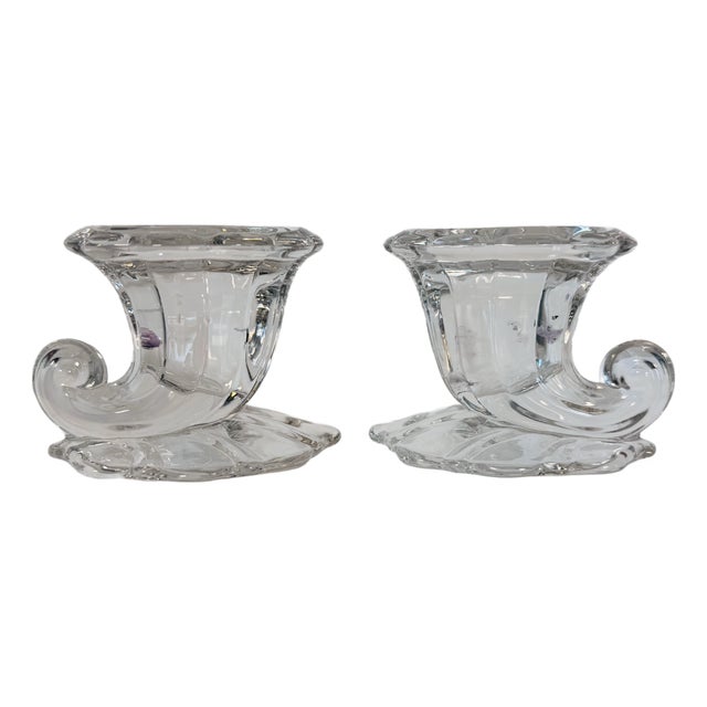 Vintage 1930s Heisey Glass Co Cornucopia Glass Candleholders, Pair For Sale