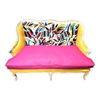 Late 20th Century Otomí Embroidery and Italian Leather Upholstered Sam Moore Louis XV Settee For Sale