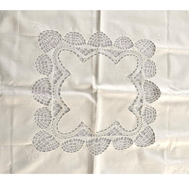 Vintage 35" X 35" White-on-White Linen Battenberg Lace Shabby Chic Victorian Mid-Century For Sale - Image 9 of 11