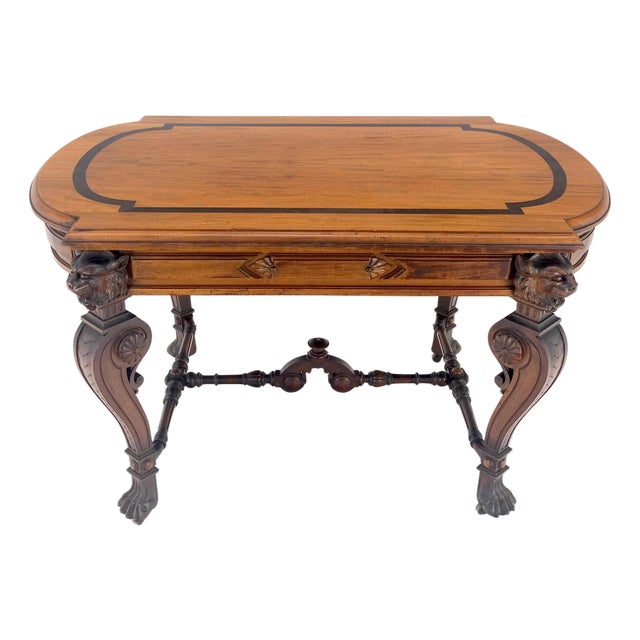 Carved Lion Face & Foot Legs Renaissance Revival Inlaid Walnut Center Table MINT For Sale